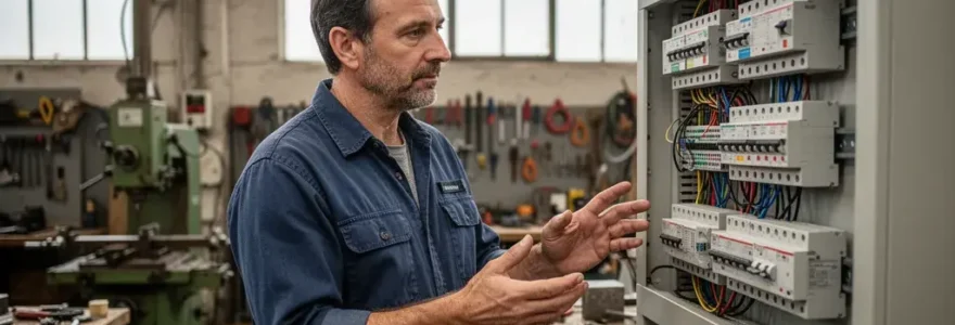 Artisan consultant son compteur électrique triphasé dans un atelier professionnel