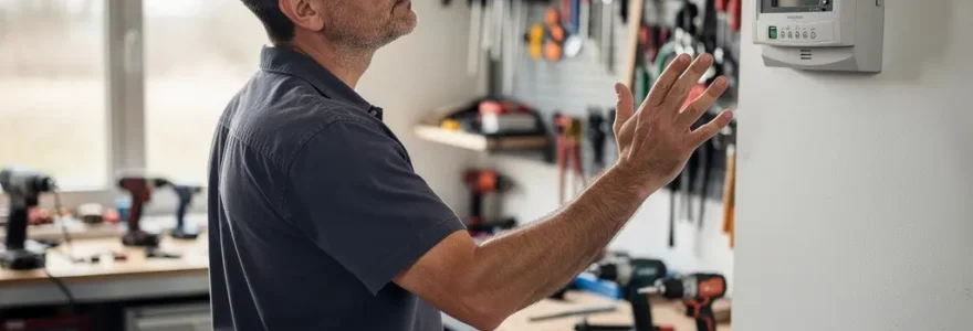 Artisan consultant compteur Linky triphasé dans son atelier professionnel