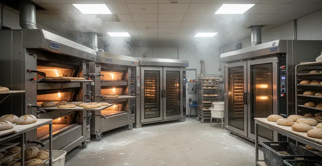 Intérieur atelier boulangerie avec fours professionnels et chambres froides, consommation électrique PME