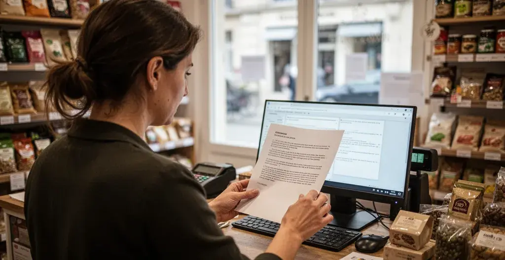 Commerçante analysant sa consommation électrique pour optimiser son contrat professionnel