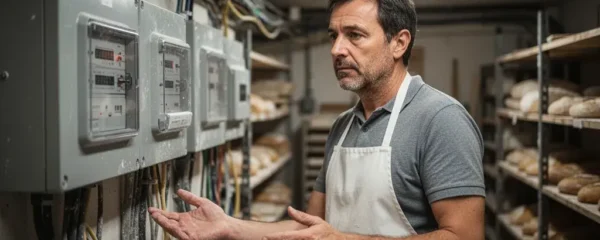 Gérant de boulangerie artisanale observant son compteur électrique PME-PMI, tarif jaune éligibilité