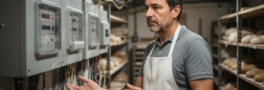 Gérant de boulangerie artisanale observant son compteur électrique PME-PMI, tarif jaune éligibilité