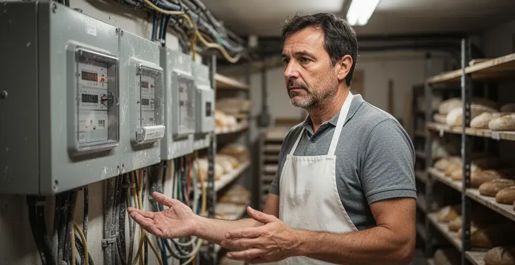 Gérant de boulangerie artisanale observant son compteur électrique PME-PMI, tarif jaune éligibilité