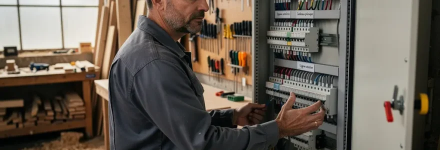Artisan menuisier consultant son tableau électrique triphasé dans un atelier professionnel
