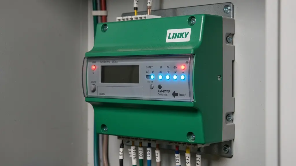 Compteur Linky triphasé installé dans un coffret technique professionnel avec voyants allumés
