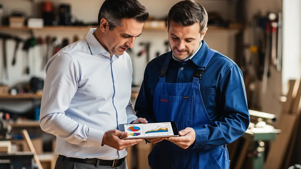 Consultant énergie et artisan analysant ensemble les données de consommation électrique sur tablette